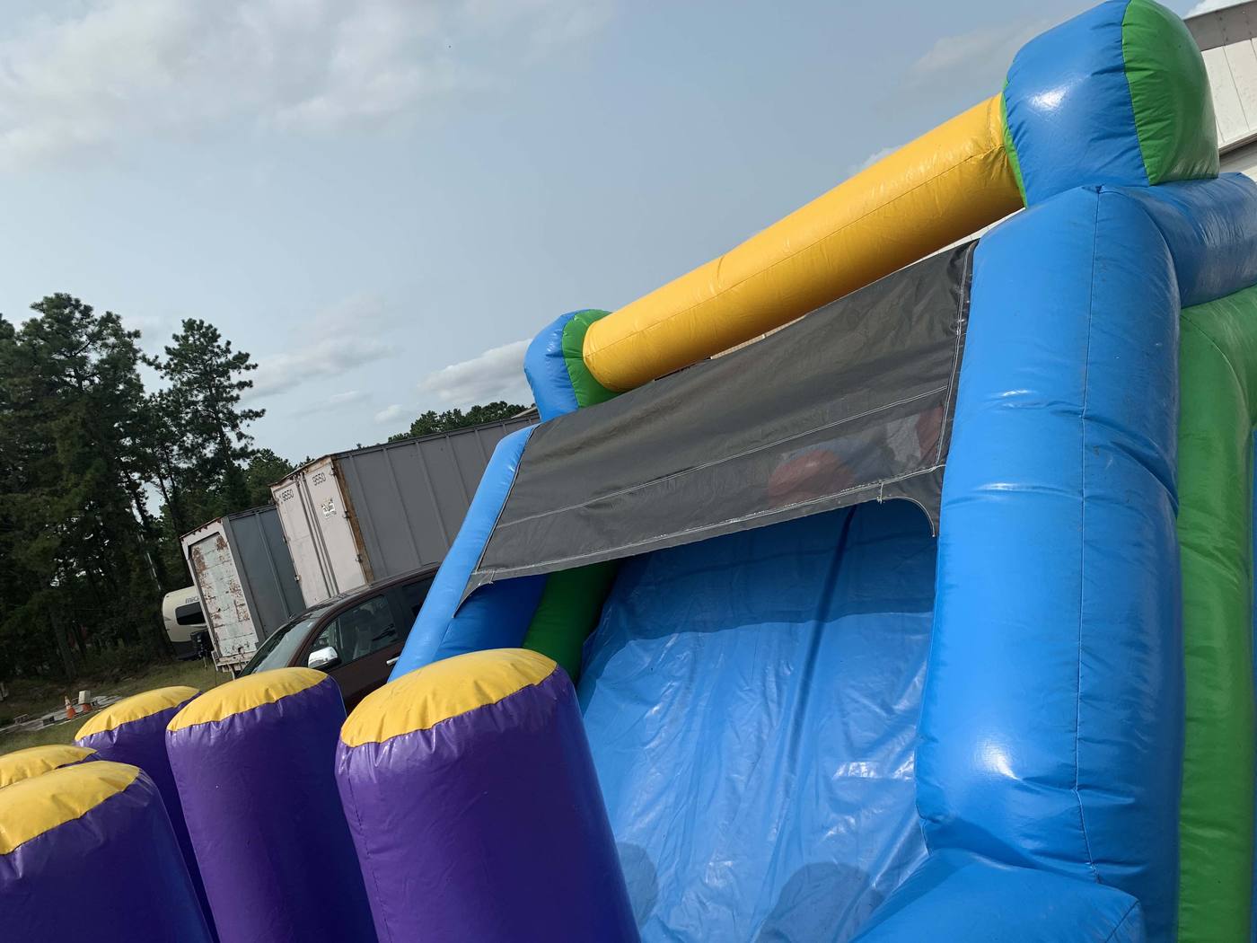 After photo of safety netting repair on an inflatable unit, completed by Stitches For Bounces