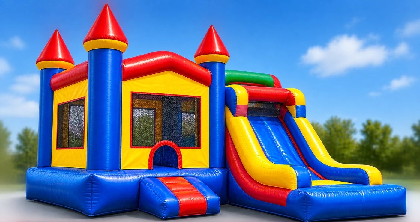 Combo bounce house with attached slide repaired by Stitches For Bounces
