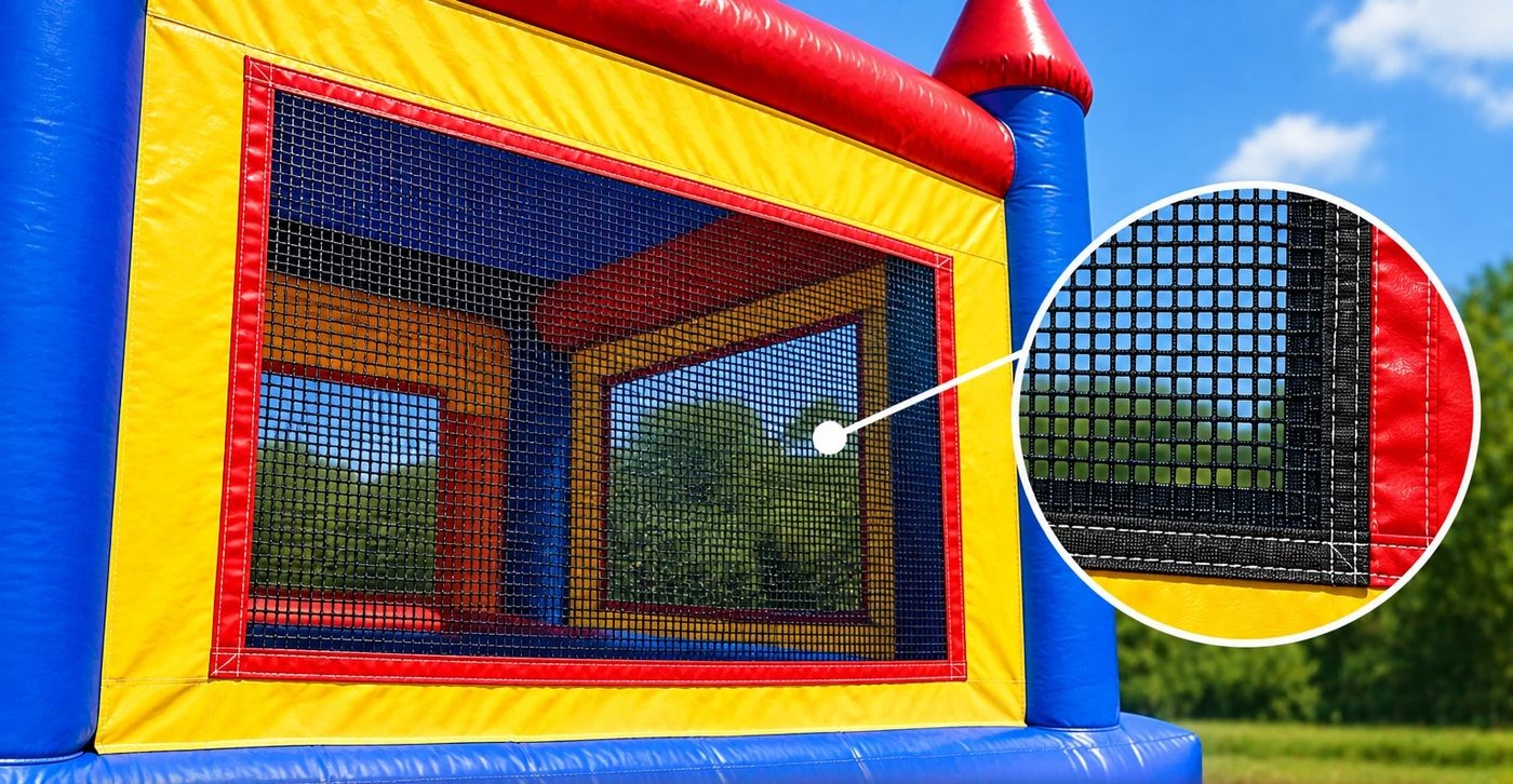 Bounce house mesh window replaced by Stitches For Bounces