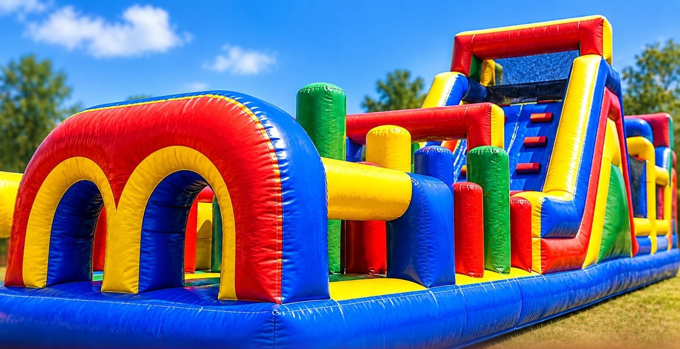 Commercial inflatable obstacle course repaired by Stitches For Bounces